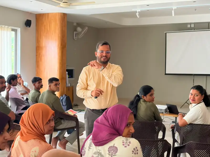 Sadikh P. Padikkal conducting pre-opening hospitality training for the Shantara Naturopathy team in Kozhikode