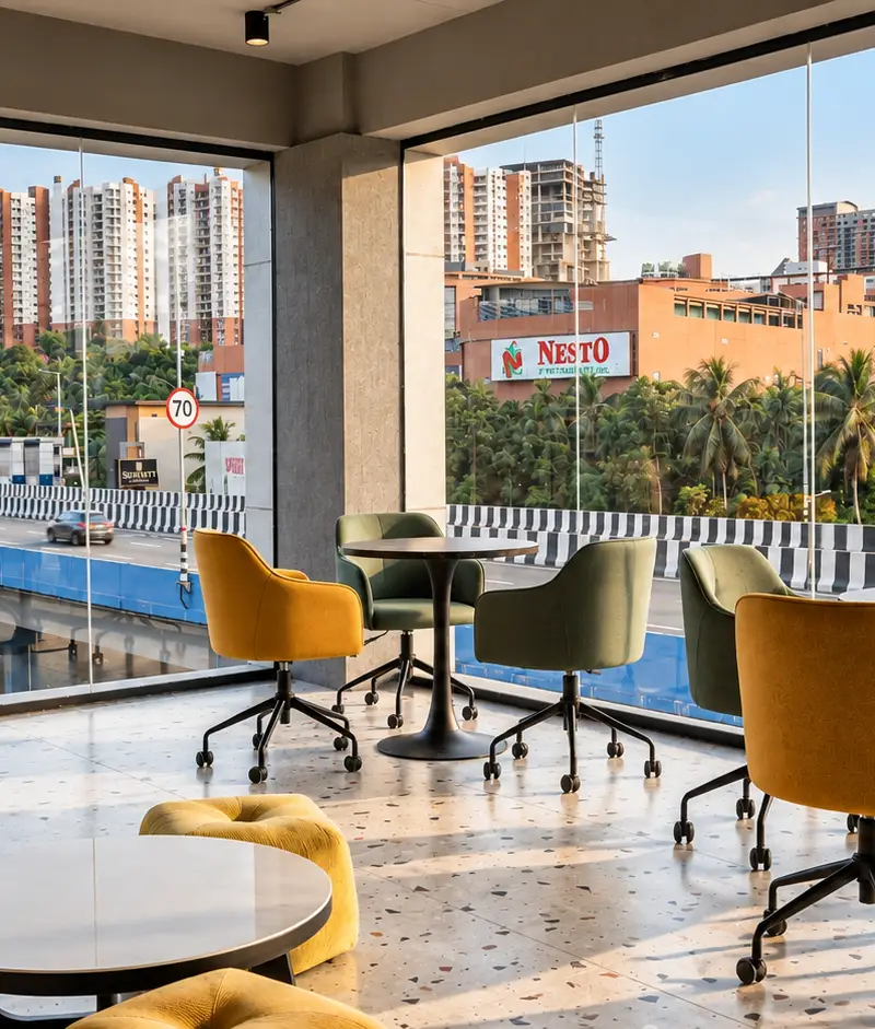 Community lounge overlooking the bypass at Spunic Calicut Bypass