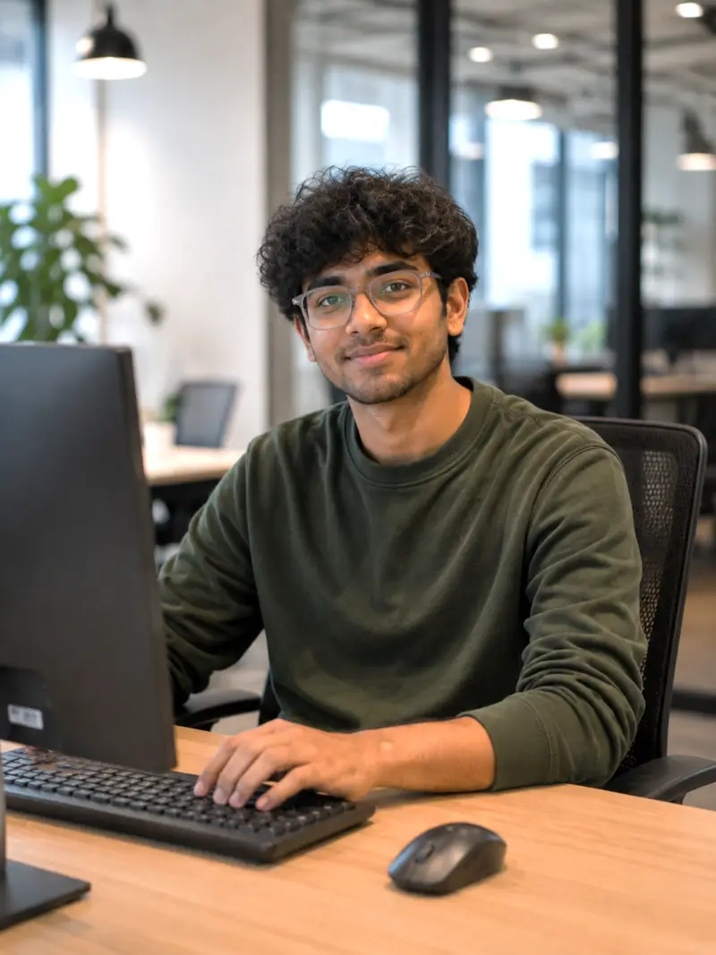 A freelancer at a desk in an office, looking toward the camera