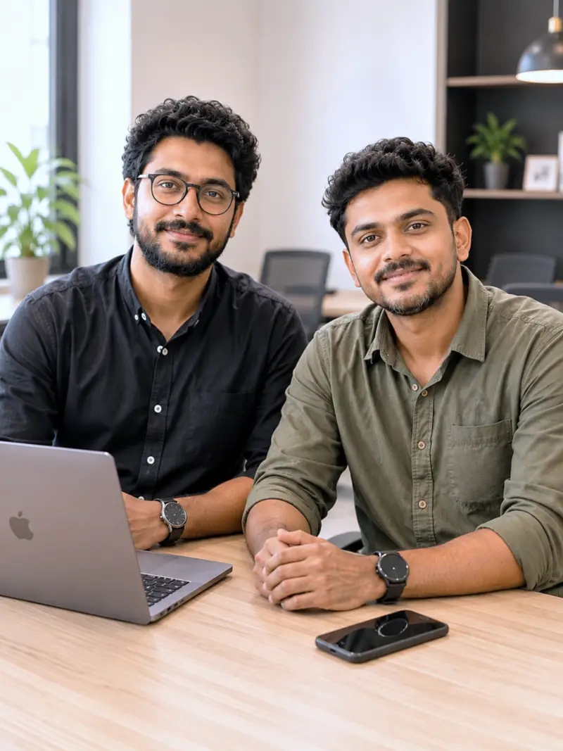 Two founders seated at a desk with a laptop, looking toward the camera