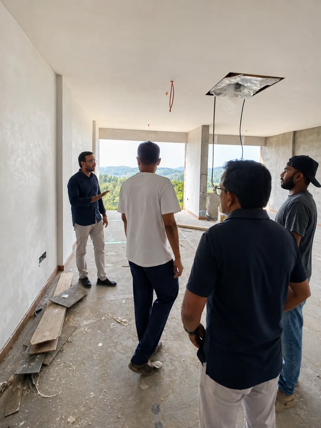Consultants reviewing a project on site in a building under construction