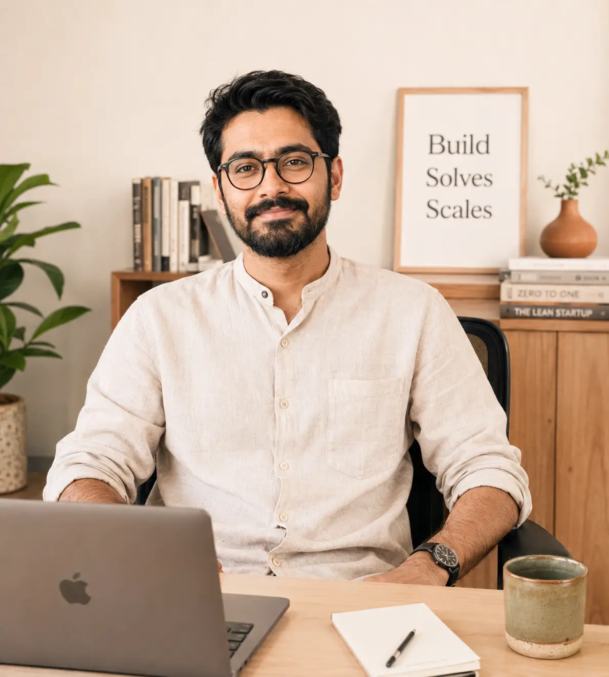 A founder working at a laptop in a home office